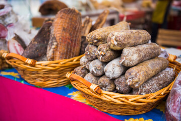 Dried meats in Tartini Square Market, Piran, Slovenian Istria, Slovenia, Europe