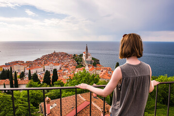 Tourist on Piran Town Walls, Slovenian Istria, Slovenia, Europe