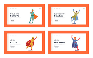 Kids Super Heroes Play Landing Page Template. Little Superhero Kids Wearing Costumes, Mask and Cloak Fun and Playing