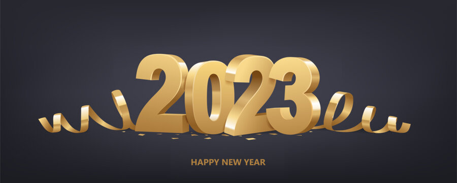 Happy New Year 2023. Golden 3D numbers with ribbons and confetti on a black background.