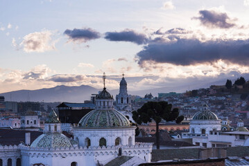 Historic Centre and the spire of the Cathedral of Quito, Old City of Quito, Ecuador, South America