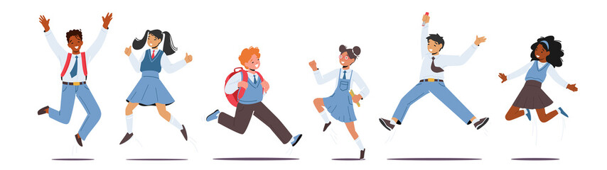 Set Happy Kids in School Uniform with Backpacks Jumping. Schoolboys and Schoolgirls Characters Laughing, Waving Hands