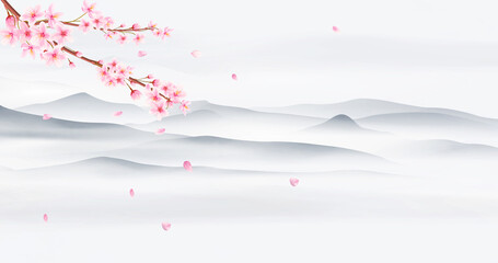 Japanese background with cherry blossoms and hills in the background. Landscape banner with sakura in oriental style for decor, packaging, invitations © VectorART