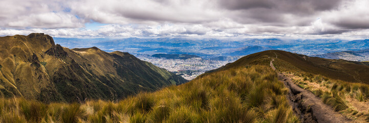 Path at the start of Pichincha Volcano with Quito in the background, Pichincha Province, Ecuador, South America