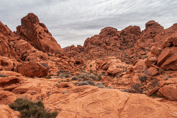 Overton, Nevada, USA - February 25, 2010: Valley of Fire. Wide landscape with range of red rocks...