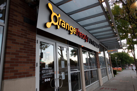 Redmond, WA USA - Circa August 2021: Angled View Of An Orange Theory Fitness Center In The Downtown Area.