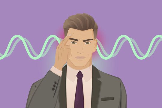 Diplomat with headache. Havana syndrome vector illustration. Man suffers from the negative effects of microwaves. 