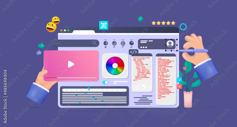 Poster Web development design UI, UX, App, Website, Dashboard. 3D cartoon illustration with UI elements, graphic design, visualization and customization with coding. Web design and software development