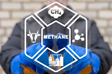 Concept of methane production. CH4 emission from livestock and industry. Methane emissions. - obrazy, fototapety, plakaty