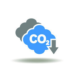 Vector illustration of cloud with co2 and arrow down. Symbol of carbon dioxide reduction. Icon of reduce CO2 emissions, carbon footprint, limit global warming and climate change. - obrazy, fototapety, plakaty