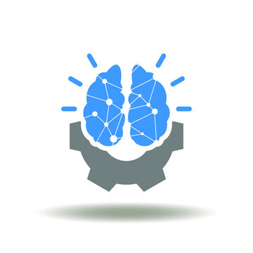 Vector illustration of gear and brain. Icon of research and development. Symbol of R and D Business Science Technology Innovation Education Design Concept.