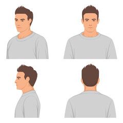 man, male face portrait, Front, profile, side view and back, vector illustration