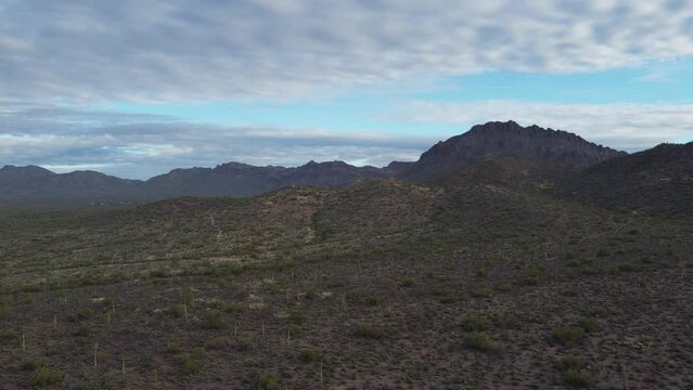 Panning video shot from drone of Tucson Arizona wild desert landscape and mountains to nearby communities.