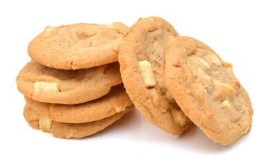 Small stack of macadamia nut and white chocolate cookies. 