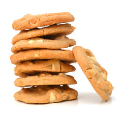 Small stack of macadamia nut and white chocolate cookies. 