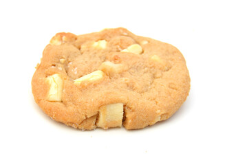 Small stack of macadamia nut and white chocolate cookies. 