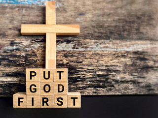 Religion Concept - put GOD first text in vintage background.Stock photo. - obrazy, fototapety, plakaty