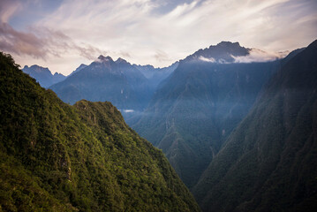 Andes Mountains at sunrise on walk to Machu Picchu on final day of Inca Trail, Cusco Region, Peru, South America