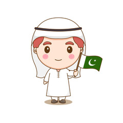 Cute Pakistan boy wearing national with flag. Chibi cartoon character isolated background.
