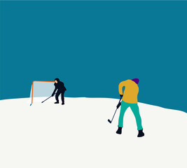 Ice hockey player with stick. Winter team sport. Young ice hockey player in action. Flat vector illustration
