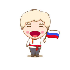 Cute Russian boy wearing national with flag. Chibi cartoon character isolated background.