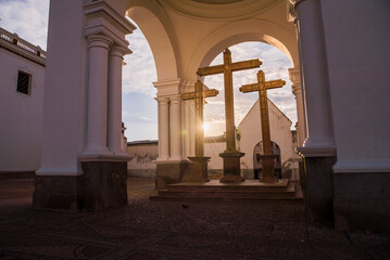 Sunset at Copacabana Cathedral (Basilica of Our Lady of Copacabana), Copacabana, Bolivia, South...