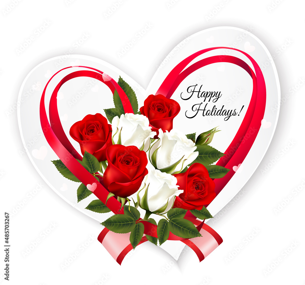 Poster happy valentine's day beautiful getting card with colorful roses and a red heart shape ribbon and bo
