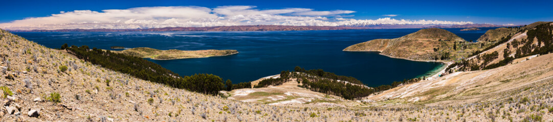View from Isla del Sol (Island of the Sun),  across Lake Titicaca towards mainland Bolivia, South America