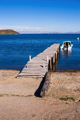 Pier on Lake Titicaca at Challapampa village, Isla del Sol (Island of the Sun), Bolivia, South America