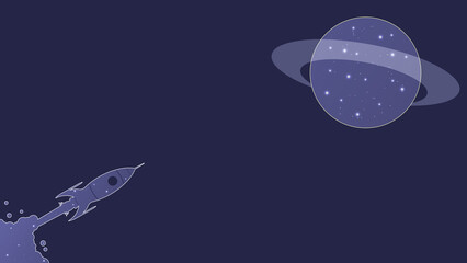 Concept travel in space, infinite universe. Dark background with rocket and planet in color of the year 2022, very peri. Web banner design template with place for text. Copyspace.