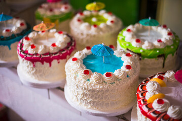 Fototapeta na wymiar Cakes for sale at Campesino Market (Mercado Campesino), Sucre, Bolivia, South America