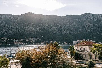 Fototapeta na wymiar Kotor, Montenegro - 15.09.2021: Summer view from old wall Fortification in . Unesco world heritage. Europe travel site. Vacation concept. Tourism in adriatic sea. Serbian history of balkans