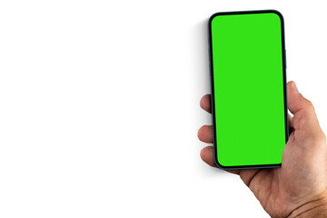 Man holding a smartphone with green screen on white background. Chroma Key