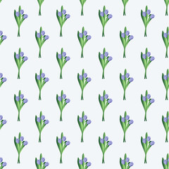 Seamless pattern with flowers. Abstract cute pattern on a Woman's Day with blue tulips on a white background. Very Peri background with tulips. Spring postcard for March 8.