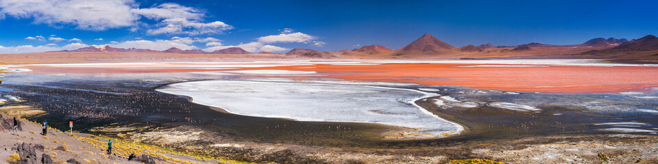 Fototapeta na wymiar Red Lagoon (Laguna Colorada), a salt lake in the Altiplano of Bolivia in Eduardo Avaroa Andean Fauna National Reserve, South America