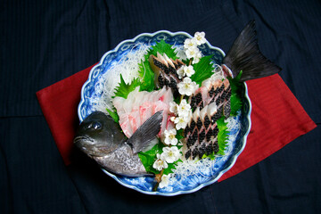 Fishing target saltwater fish “MEJINA”, cooked as a live style sashimi with plum flower branch...