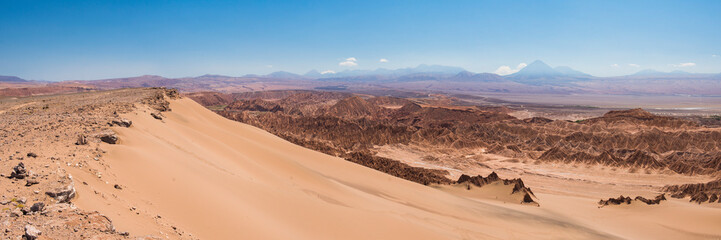 Death Valley (Valle de la Muerte) sand dune and rock formations, with Licancabur Volcano behind, San Pedro de Atacama, Atacama Desert, North Chile, South America