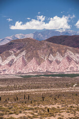 Fototapeta na wymiar Colourful rocks at Cactus National Park (Parque Nacional Los Cardones), Cachi Valley, Calchaqui Valleys, Salta Province, North Argentina, South America