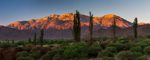 Andes Mountains sunrise landscape in the Cachi Valley scenery, Calchaqui Valleys, Salta Province, North Argentina, South America - obrazy, fototapety, plakaty
