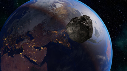 Asteroid approaching Earth science illustration