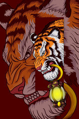 Tiger with lantern vector illustration