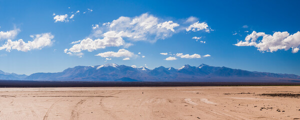 Dry river bed during a drought at El Barreal Blanco de la Pampa del Leoncito, San Juan Province, Argentina, South America, background with copy space