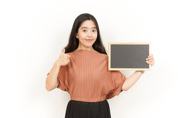 Showing, Presenting and holding Blank Blackboard Of Beautiful Asian Woman Isolated On White