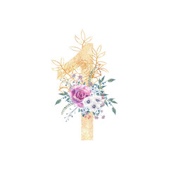 Design of a golden number 1 with flower bouquets of purple roses, anemones, etc. decor . Watercolor illustration on a white background. Wedding and birthday invitations