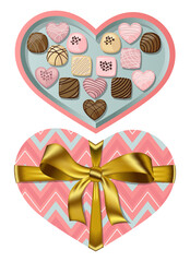 Top view coral blue heart shaped gift open box with golden ribbon and bow and chocolates isolated on white background. Vector illustration.