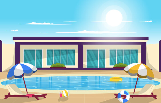 Outdoor Swimming Pool Summer Holiday Leisure Relaxation Flat Design Illustration