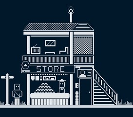 black and white illustration of store building with pixel art