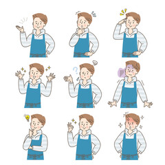 エプロン姿の若い男性の色々な表情セット