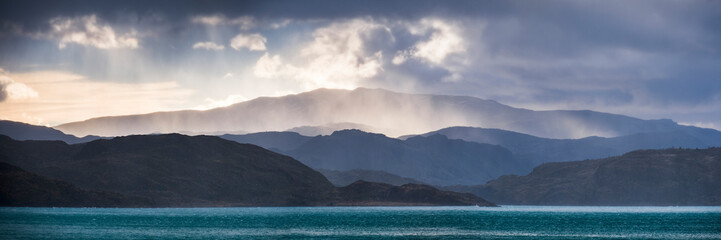 Lake Pehoe (Lago Pehoe) at sunrise, Torres del Paine National Park, Patagonia, Chile, South America