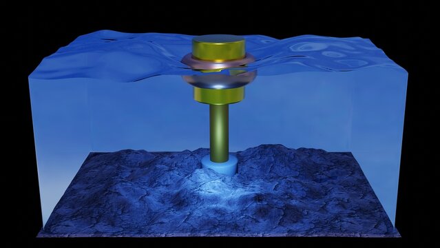 Wave energy converter technology. Ocean energy conversion device. Sea currents, wind and waves moving underwater structure to generate power. Clean renewable energy . 3d render illustration